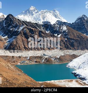 Panoramablick auf Everest, Lhotse, Makalu und Gokyo See vom Renjo La Pass - Weg zum Everest Basislager, drei Pässe Trek, Khumbu Tal, Sagarmatha n Stockfoto