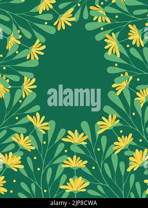 Blumenrahmen mit Wildblumen. Vektorvorlage für Grußkarten. Sommerliche gelbe Blüten in ovalem Rahmen zur Einladung. Ziemlich frische Knospen mit Laub, blühender Wiesengrüngrund Stock Vektor