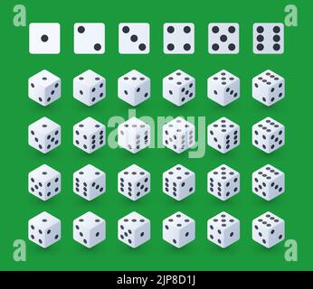 Würfelspiel. Cartoon weiße Spielwürfel drehen verschiedene Gesichter, schwarze Punkte auf weißen Ebenen, Casino und Glücksspiel grafische Asset von Würfeln Rollen. Vektor-isolierter Satz. Zufallszahlen für Unterhaltung Stock Vektor