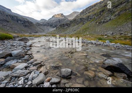 Wilder Wildbach Ambin im Vanoise-Massiv in den französischen Alpen im Sommer Stockfoto