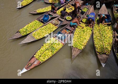 Barisal, Barisal, Bangladesch. 16. August 2022. Ein schwimmender Guava-Markt im südlichen Barisal-Viertel des Landes, bekannt als ''das Venedig von Bengalen''', ist jetzt mit Käufern und Verkäufern in Swarupkathi, Barisal, Bangladesch, überfüllt, da die Ernte der Guava auf dem Höhepunkt ist. Es gibt Hunderte von Booten, die mit Guava gefüllt sind, und alle Geschäfte finden auf Booten statt. Die Guavas werden in Obstgärten angebaut, die entlang des Flusses liegen und mit Booten zum Markt transportiert werden, da der Einsatz von Booten die Transportkosten für die Bauern senkt. Barisal ist vor allem für Guava bekannt, der liebevoll 'Apfel von Bengalen' genannt wird. Um 1 Stockfoto