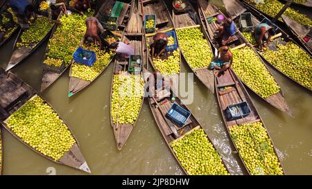 Barisal, Barisal, Bangladesch. 16. August 2022. Ein schwimmender Guava-Markt im südlichen Barisal-Viertel des Landes, bekannt als ''das Venedig von Bengalen''', ist jetzt mit Käufern und Verkäufern in Swarupkathi, Barisal, Bangladesch, überfüllt, da die Ernte der Guava auf dem Höhepunkt ist. Es gibt Hunderte von Booten, die mit Guava gefüllt sind, und alle Geschäfte finden auf Booten statt. Die Guavas werden in Obstgärten angebaut, die entlang des Flusses liegen und mit Booten zum Markt transportiert werden, da der Einsatz von Booten die Transportkosten für die Bauern senkt. Barisal ist vor allem für Guava bekannt, der liebevoll 'Apfel von Bengalen' genannt wird. Um 1 Stockfoto