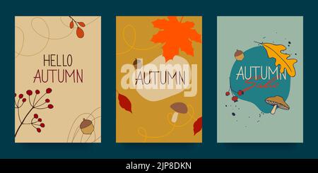 Abstraktes Herbstposter im modernen Hipster-Stil. Vorlagen für die Gestaltung von Herbstbannern, Plakaten, Werbung, Postkarten, Verkauf. Moderne Kunst Stock Vektor