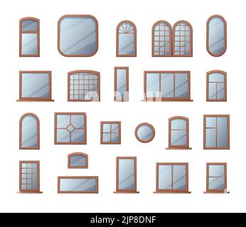 Fensterrahmen. Cartoon Holz Haus und Büro rund und quadratisch moderne Fensterkollektion mit transparentem Glas. Vektor-isolierter Satz. Verschiedene architektonische Outdoor-Objekte für Wohnungen Stock Vektor