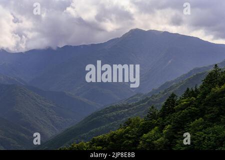 Entfernter Berggipfel und bewaldetes Tal, sichtbar durch Dunst am bewölkten Tag Stockfoto