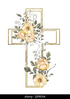 Aquarell handbemaltes Blumenkreuz mit goldenem Rahmen Cliparts, Ostern religiöse Illustration, Grün und gelbe Pfingstrose Kreuz, Taufe Clip Art, Heilige Stockfoto