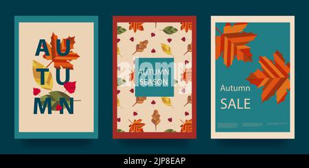 Abstraktes Herbstposter im modernen Hipster-Stil. Geometrische Formen. Trendige moderne Kunst mit Herbstblättern. Stock Vektor