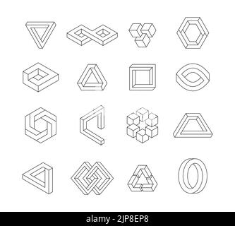 Unendliche Figuren. Abstrakte unmögliche Geometrie Grafikdesign, linear verdrehte prospektive optische Illusion. Vector 3D Würfel Dreieck und sechseckige Formen Sammlung. Gekrümmte geometrische Elemente Stock Vektor