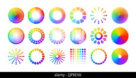 Farbige Radkreise. Mischung aus konzentrischen runden Formen mit hellen Farben, abstrakt isolierten Satz von Farbrad-Elementen, Spektrumansichten mit lebendigen Palette. Vektorgrafik. Mehrfarbige Abschnitte Stock Vektor