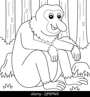 Proboscis Monkey Animal Coloring Page für Kinder Stock Vektor