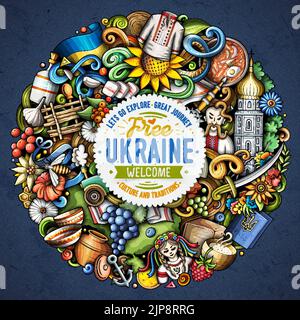 Ukraine Cartoon-Vektor kritzelt runde Illustration. Ukrainische Symbole, Elemente und Objekte Hintergrund. Helle Farben lustige Bild. Alle Artikel sind sepa Stock Vektor