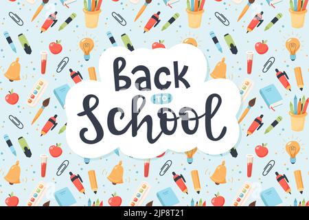 Zurück in die Schule mit Vorräten und handgeschriebener Kalligraphie für Kinder. Niedliche bunte Vektor-Illustration Stock Vektor