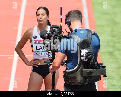 München, Deutschland. 16. August 2022. Die belgische Camille Laus im Vorfeld des Halbfinals des Frauen-400m-Rennens am zweiten Tag der Leichtathletik-Europameisterschaften in München 2022, Deutschland, am Dienstag, den 16. August 2022. Die zweite Auflage der Europameisterschaften findet vom 11. Bis 22. August statt und umfasst neun Sportarten. BELGA FOTO BENOIT DOPPAGNE Kredit: Belga Nachrichtenagentur/Alamy Live News Stockfoto