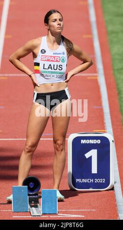 München, Deutschland. 16. August 2022. Die belgische Camille Laus im Vorfeld des Halbfinals des Frauen-400m-Rennens am zweiten Tag der Leichtathletik-Europameisterschaften in München 2022, Deutschland, am Dienstag, den 16. August 2022. Die zweite Auflage der Europameisterschaften findet vom 11. Bis 22. August statt und umfasst neun Sportarten. BELGA FOTO BENOIT DOPPAGNE Kredit: Belga Nachrichtenagentur/Alamy Live News Stockfoto