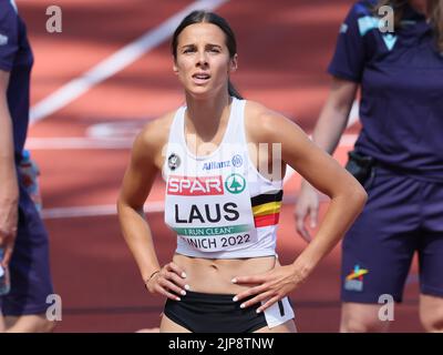 München, Deutschland. 16. August 2022. Die Belgierin Camille Laus reagiert nach dem Halbfinale des Frauen-400m-Rennens, am zweiten Tag der Leichtathletik-Europameisterschaft, am Dienstag, dem 16. August 2022, in München 2022, Deutschland. Die zweite Auflage der Europameisterschaften findet vom 11. Bis 22. August statt und umfasst neun Sportarten. BELGA FOTO BENOIT DOPPAGNE Kredit: Belga Nachrichtenagentur/Alamy Live News Stockfoto