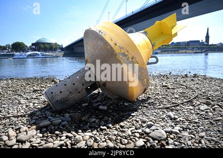 Düsseldorf, Deutschland. 16. August 2022. Ein Frachtschiff passiert eine Gefahrenboje, die auf trockenem Land liegt. Nach wochenlanger Dürre haben die Wasserstände des Rheins historische Tiefstände erreicht. Quelle: Federico Gambarini/dpa/Alamy Live News Stockfoto