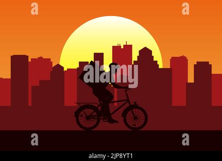 Silhouette des Kuriers auf dem Fahrrad mit Rucksack auf dem Hintergrund der Stadt. Deliveryman fährt ein Fahrrad bei Sonnenuntergang. Konzept des Online-Lieferservice. Stock Vektor