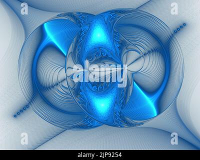 3D Rendering abstrakter Technologie fraktaler Hintergrund. Abstrakter festlicher Hintergrund mit leuchtend blauen Kreisen. Fantastische leuchtende fraktale Formen. Festlich Stockfoto