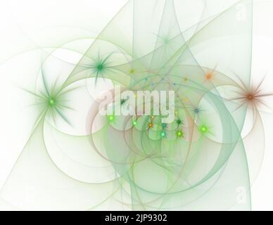 Abstrakte Fraktale mit spiralförmig leuchtendem Lichteffekt. Bunt beleuchtete Spiralen aus abstrakten, verdrehten Linien und Lichtkugeln. Fraktaler Hintergrund Stockfoto