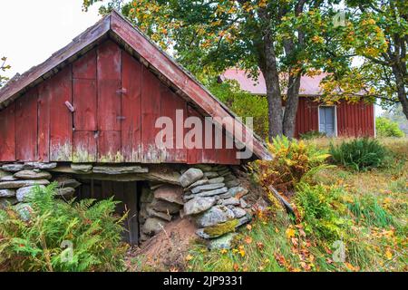 Idyllischer alter Wurzelkeller in einem Landhaus auf dem Land Stockfoto