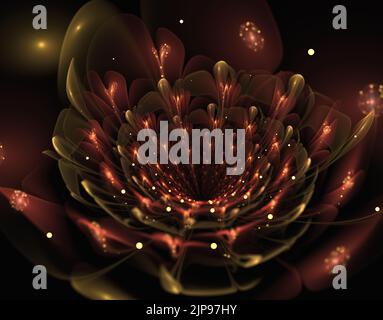 Mehrfarbiger fraktaler Bildausschnitt, digitale Kunst. Abstrakter Hintergrund für Design, Site Design - Rasterdarstellung. Verzierte Blütenblätter von ungewöhnlichen Blüten. Stockfoto
