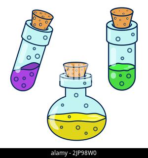 Satz von isolierten einfachen Vektor-Illustrationen von verschiedenen Formen bunte Trank Glasflaschen mit Blasen auf weißem Hintergrund. Test der wissenschaftlichen Chemie Stock Vektor