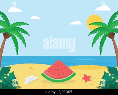 Sommer, Reisekonzept, Strandhintergrund, glänzende Sonne, Palmen und Wassermelone. Flache Illustration für Sommerferien. Stock Vektor