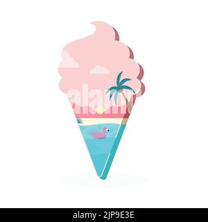 Sommer-Icecream-Konzept mit Sonnenuntergang Strand Hintergrund Palme für Sommerferien oder Reisekonzept mit Platz für Ihre Nachricht. Stock Vektor