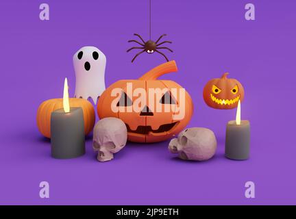 3D Rendering von Halloween Kürbis mit innen Kerze glühenden, weißen Geist minimal Halloween Hintergrund Design-Element Stockfoto