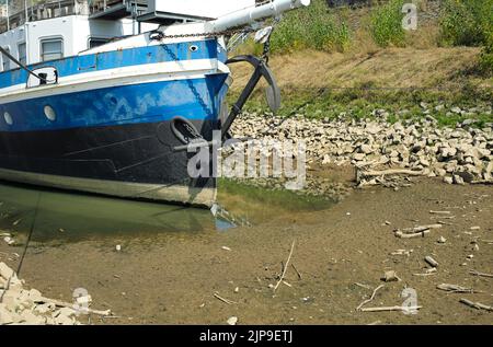 Geerdetes Schiff in einem Becken aufgrund des niedrigen Wassersteins des rheins in deutschland Wasserknappheit, Dürre, Klimawandel und Konzept der globalen Erwärmung. Stockfoto