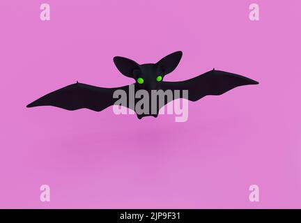 Böse Fledermaus Fliegen. Fledermaus Halloween Hintergrund. Fledermaus Cartoon 3D Render. Europäische Fledermaus-Nacht. Halloween Scary Oktober isoliert auf rosa Hintergrund Stockfoto