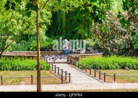 Eine Frau wird von Haustauben (Columba livia domestica) bedeckt, während sie sie in einem Park an der Wilhelmstraße, einem Stadtboulevard in Wiesbaden,... Stockfoto