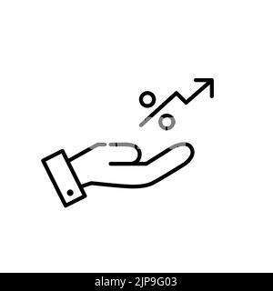 Investitionen in den wachsenden Markt, der Gewinne erzielt. Hand hält wachsenden Prozentpfeil. Pixel-perfektes, bearbeitbares Strichsymbol Stock Vektor