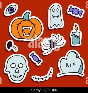 Doodle Halloween Aufkleber Set. Handgezeichneter Herbstkürbis, Spinne, Grab, Geist, Schädel auf orangefarbenem Hintergrund. Niedliches gruseliges Horror-Banner für Herbstferien, Stock Vektor