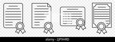 Symbolsatz für die Ertifikat-Funktion. Linienkunst. Leistungen, Auszeichnungen, Stipendien, Diplomkonzepte. Vektordarstellung auf transparentem Hintergrund isoliert Stock Vektor