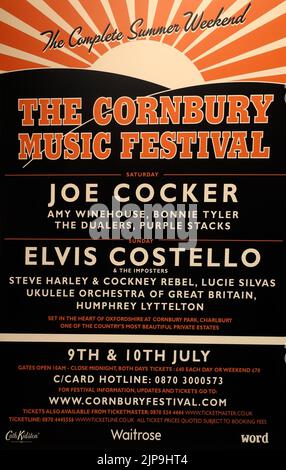 Poster vom kompletten Sommerwochenende, dem Cornbury Music Festival, Juli 2005 - Joe Cocker, Amy Winehouse, Elvis Costello, Steve Harley Stockfoto