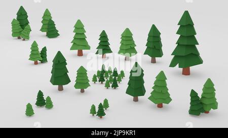 Mehrere niedrige Kiefern sind auf weißem Hintergrund platziert. 3D Rendern. Stockfoto