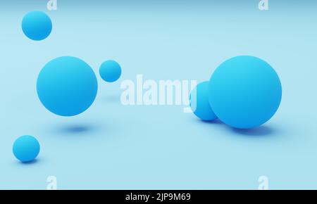 Blaue Kugeln werden auf einem weichen blauen Hintergrund platziert. Pastellfarben, weiche Schatten. Abstraktes und modernes Design, 3D Render. Stockfoto