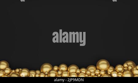 Goldene Kugeln auf dem unteren Teil mit schwarzem Hintergrund platziert. Abstraktes Design, Konzept von Reich und Erfolg. 3D Rendern. Stockfoto