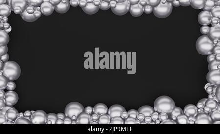 Silberfarbene metallische Kugeln umrandung auf Rahmen mit schwarzem Hintergrund. Platzieren Sie den benutzerdefinierten Text in der Mitte, der als Grußansage verwendet werden kann. 3D Rendern Stockfoto