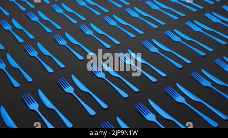 Gruppe von Gabel und Löffel der blauen Farbe wird auf grauen Hintergrund gradient platziert. Konzept des Bestecks im Restaurant-Service. Bokeh-Effekt. 3D Rendern. Stockfoto