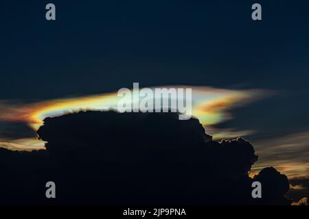 Die schillernde Wolke oder Irisierung ist ein buntes Lichtphänomen, das in Wolken auftritt. Dieses häufige Phänomen ist am häufigsten bei Altocumulus, Cirrocumu Stockfoto