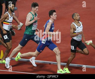 München, Deutschland - 15. August 2022, Tarik Moukrime aus Belgien, Luke McCann aus Irland, Jakob Ingebrigtsen aus Norwegen, Ismael Debjani aus Belgien während der Leichtathletik, Männer 1500m bei den Europameisterschaften München 2022 am 15. August 2022 in München, Deutschland - Foto Laurent Lairys / DPPI Stockfoto