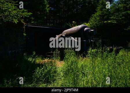 10 Zoll, 18 Tonnen, Mk. II Muzzleloading Rifle mit Millar-Muschelring, Nr. 1, montiert auf einem eisernen Traversenwagen. Stockfoto