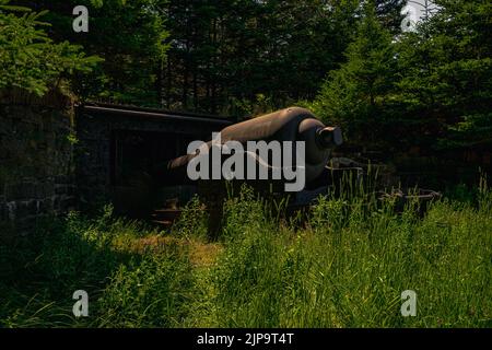 10 Zoll, 18 Tonnen, Mk. II Muzzleloading Rifle mit Millar-Muschelring, Nr. 1, montiert auf einem eisernen Traversenwagen. Stockfoto