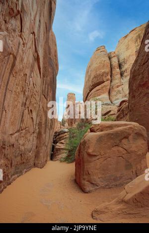 Fahren Sie zum Sand Dune Arch, Arches National Park, Moab, Utah, USA Stockfoto