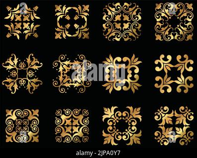 Eine Reihe von Vintage-Vektor-Gold floralen dekorativen Ikonen. Stock Vektor