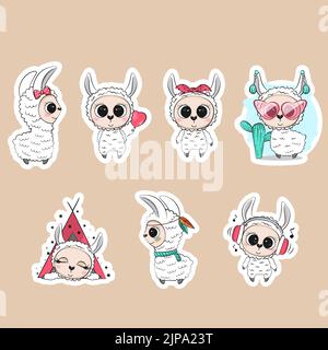 Niedliches Lamas-Stickerpaket. Vektorgrafik. Stock Vektor