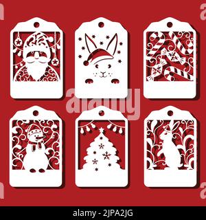 Weihnachtsanhänger. Weihnachtsmann, Kaninchen, weihnachtsbaum, Schneemann Vektorgrafik. Stock Vektor