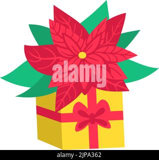 Geschenkbox mit Weihnachtsstern Blume. Symbol für Weihnachtsgeschenk Stock Vektor